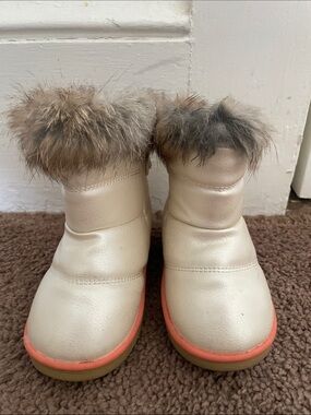 Kids Cream Faux-Fur Trim Rain & Snow Boots